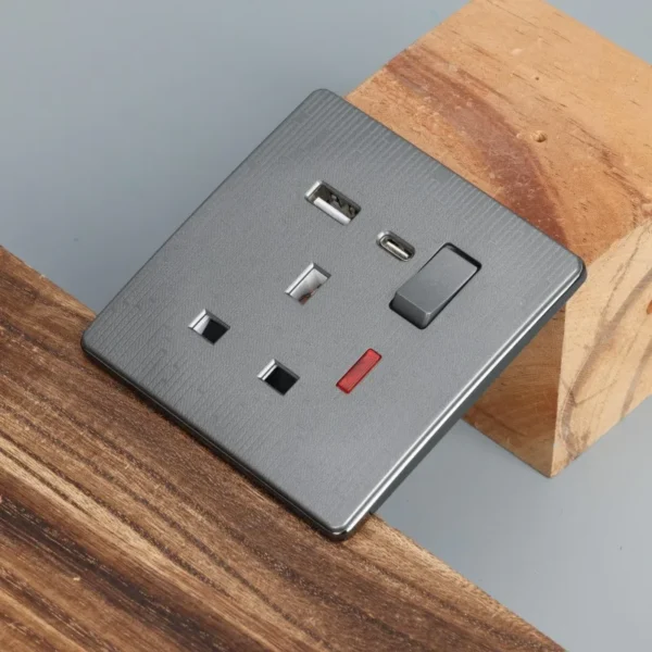 Black Grey Color Wall Switch UK Africa Electrical Socket 4 Gang 2Way Dimmer Single Pole Curtain Doorbell TV Computer USB Socket