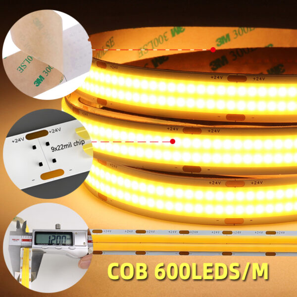 Ultra Bright 600LEDs/m 24V Double Row COB LED Strip Light with WiFi/App Control CRI 90 5m Roll CE/RoHS Certified