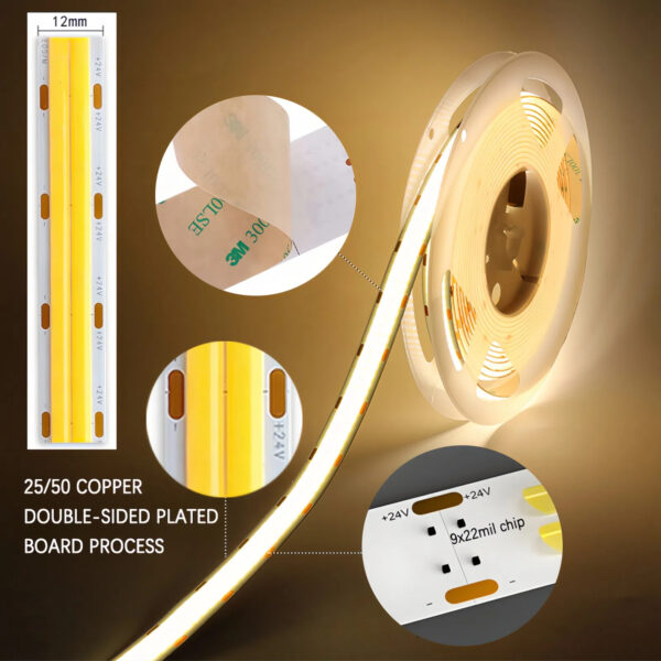 24V High CRI COB LED Strip Light CRI90+ Dotless Flexible LED Tape Light for Cabinet Linear Architectural Lighting