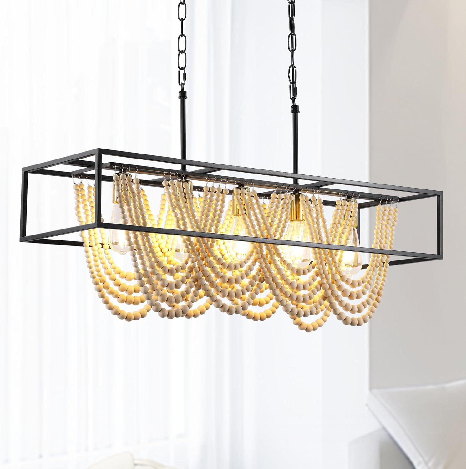 Square Metal Finish Natural Color Wooden Beads Bathroom Living Room Entryway Bedroom Beaded Chandelier Pendant Light Fixture