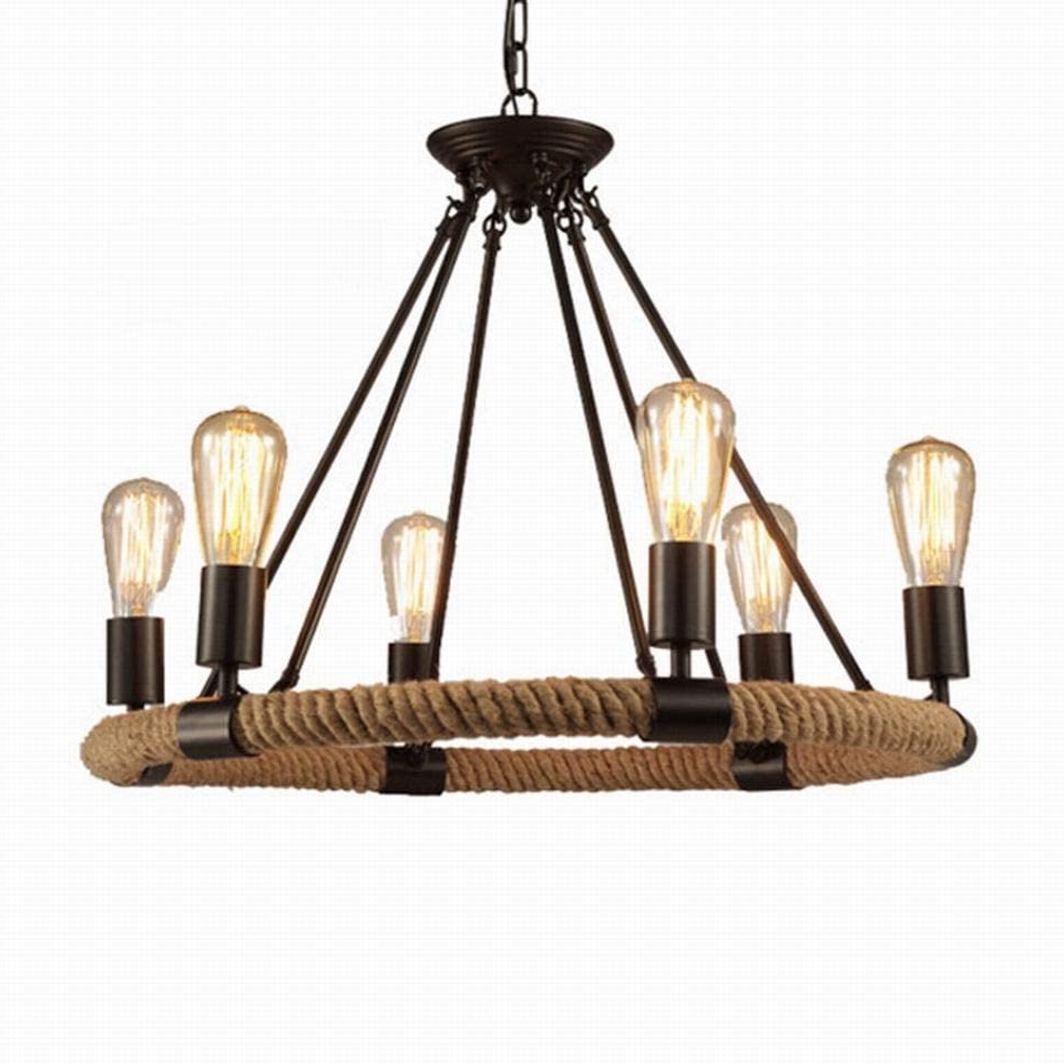 Round Hemp Rope Industrial Vintage Retro Black Painted Metal Pendant Lamp Antique Minimalist Iron Wrought Mounted Ceiling Light
