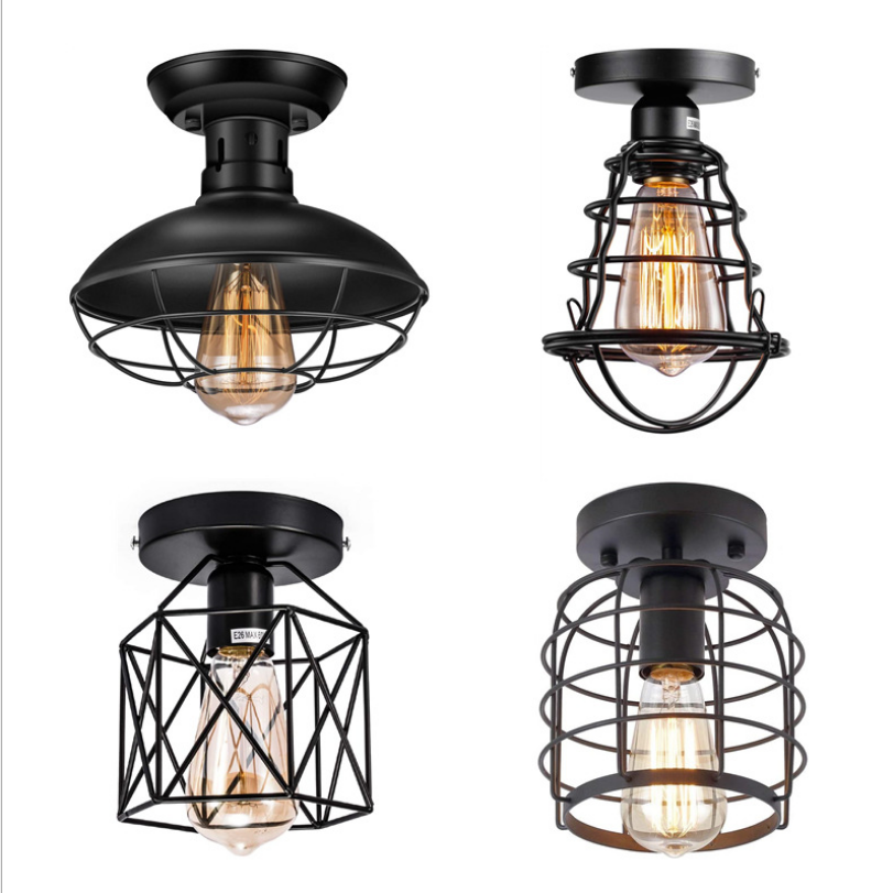 Hot Sale Black Cage Ceiling Lamp Retro Rural Industrial  Iron Art Bedroom Light Ceiling