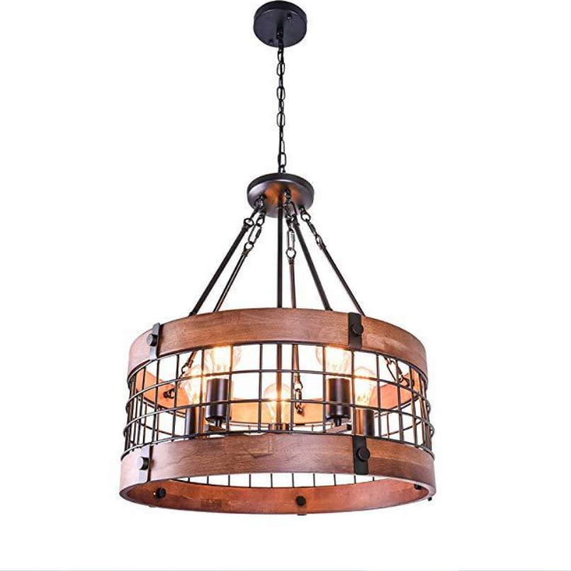 2022 Round Wooden Chandelier Metal Pendant Five Lights Decorative Lighting Fixture Antique Ceiling Lamp