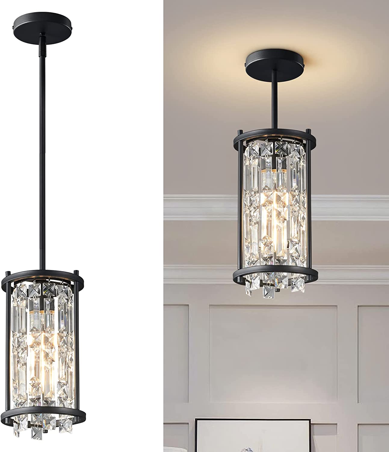 Modern 1 Light Silver E26 Bulb Base Chrome Pendant Lamp Adjustable Mini Cylinder Light Fixtures Crystal Pendant Light