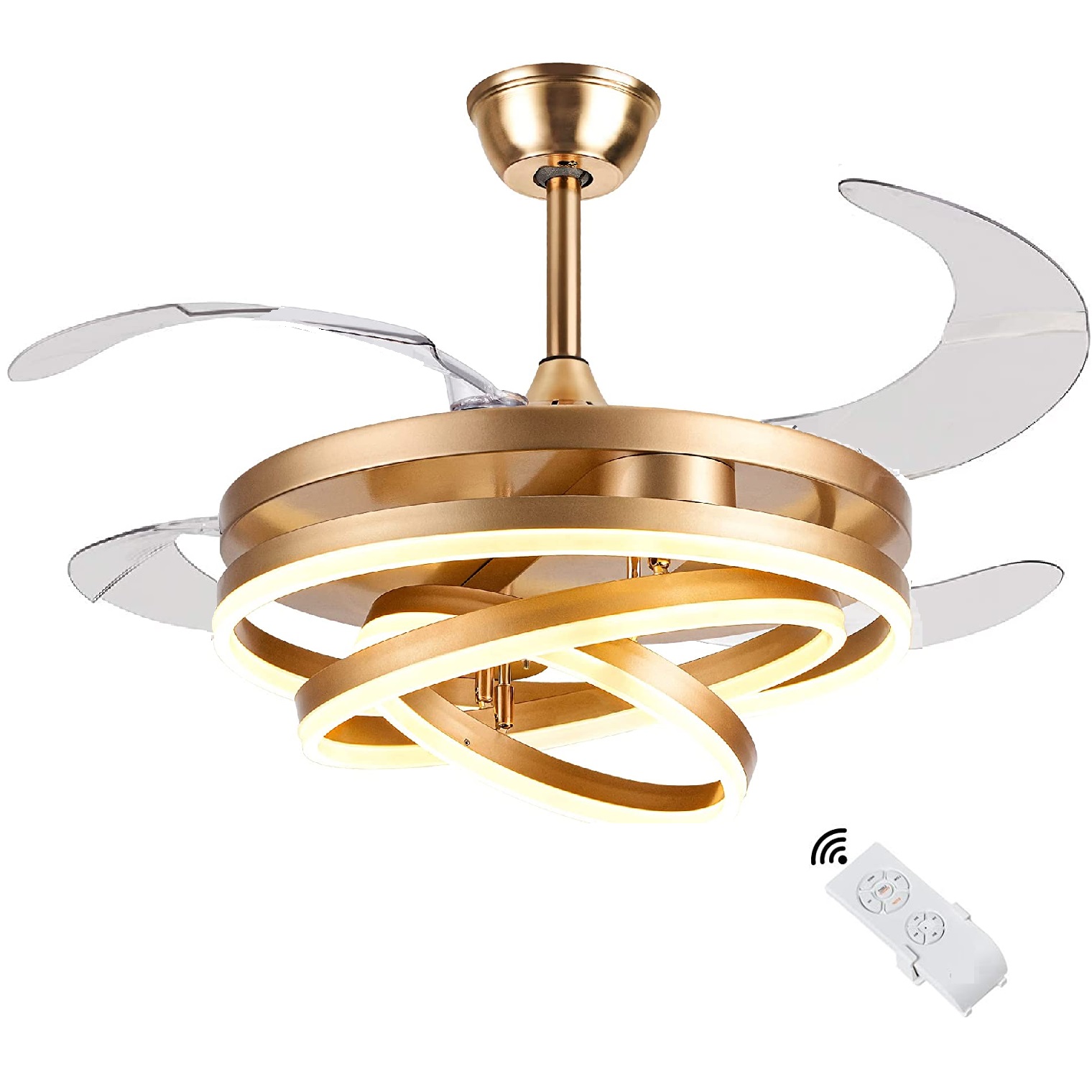 42 Inch Retractable Modern LED Ceiling Fan Light Semi Flush Chandelier  Led 3 Color 3 Speed