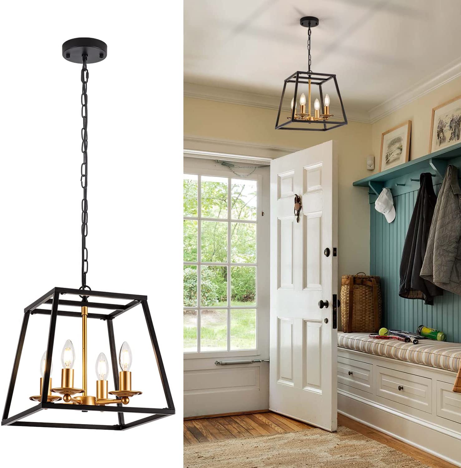 Age Brass Kitchen Island Chandelier with a Steel Black and Gold Finish Rectangular Pendant Light Fixture