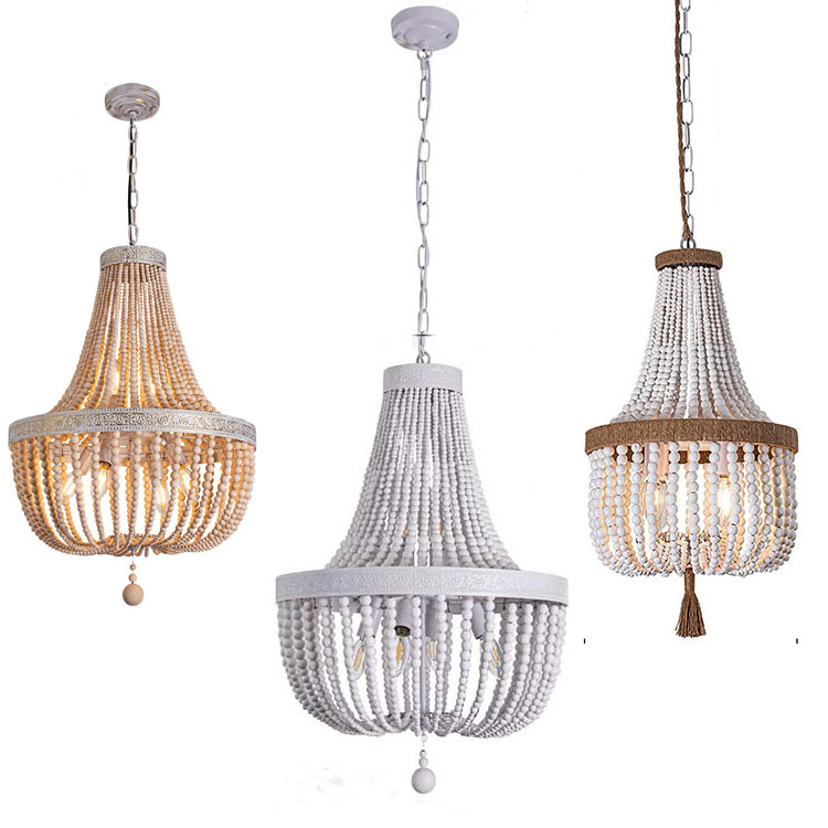 Farmhouse  Dining Room Coastal Pendant Light Bedroom Entryway Gold and Oak Finish Light Fixtures Bohemia Wood Beaded Chandelier