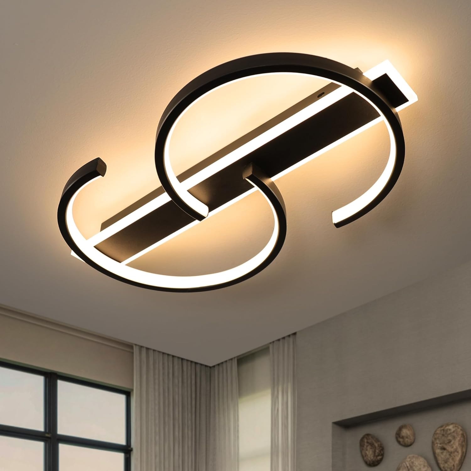 Schwarz Black Dimmable LED Ceiling Light Living Room Lamp 45 W with Remote Control 2 Rings Circle Ceiling