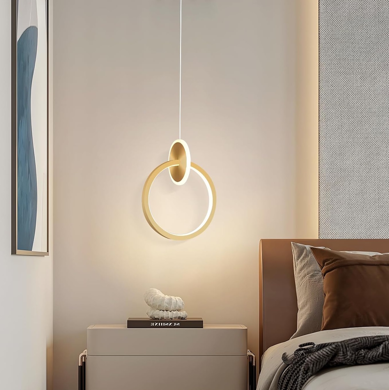 Modern LED Hanging Ceiling Light, 14W Adjustable Height and Three-Color Dimming Round Pendant Light