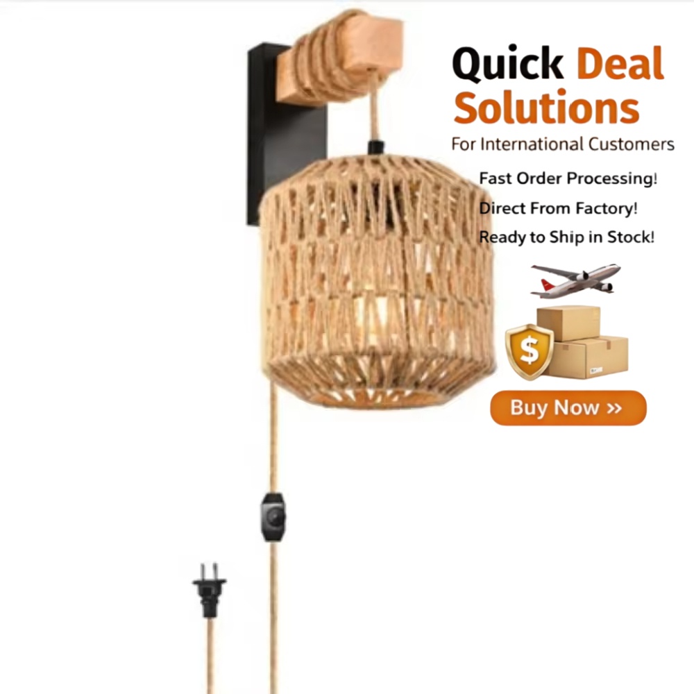 Modern Bamboo Rattan Chandelier With Hemp Rope Switch, Plug-In Hanging Fixture For Kitchen