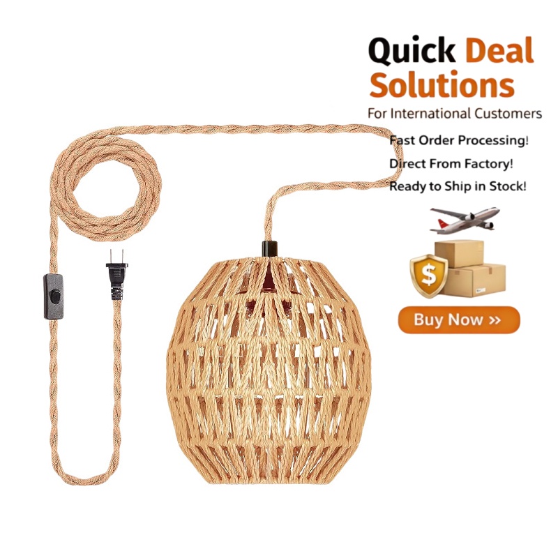 Retro Hemp Rope Pendant Light, Handwoven Round Hanging Lamp for Kitchen Island Dining Room
