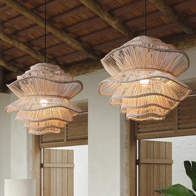 Oriental Design Restaurant Lighting Natural Rattan Hand Woven Suspension Pendant Lamps Chandelier Middle Sizes