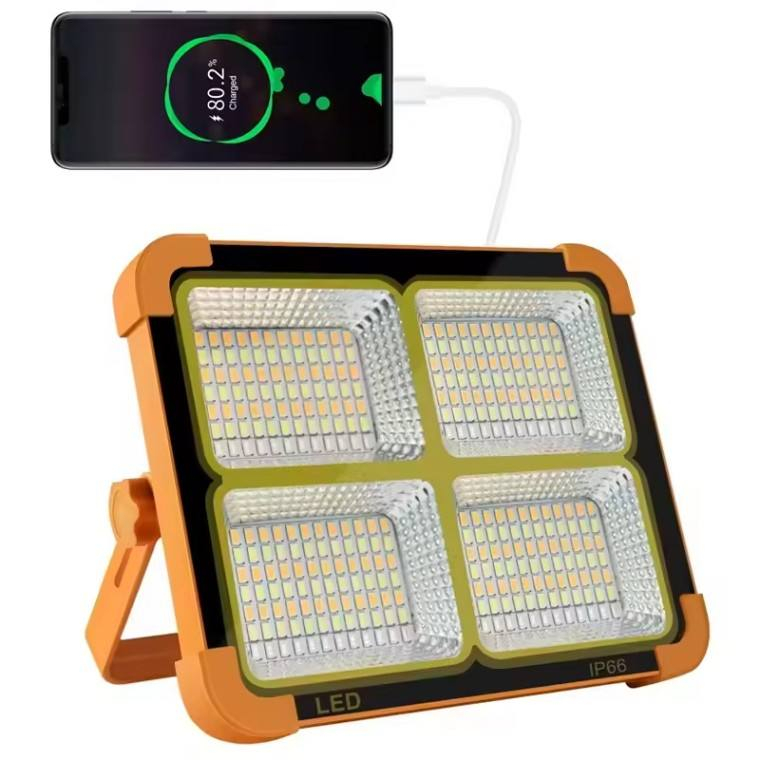 Solar Led Flood Light Ip65 Waterproof Portable Rechargeable for Construction Fishing Camping Outdoor Activities