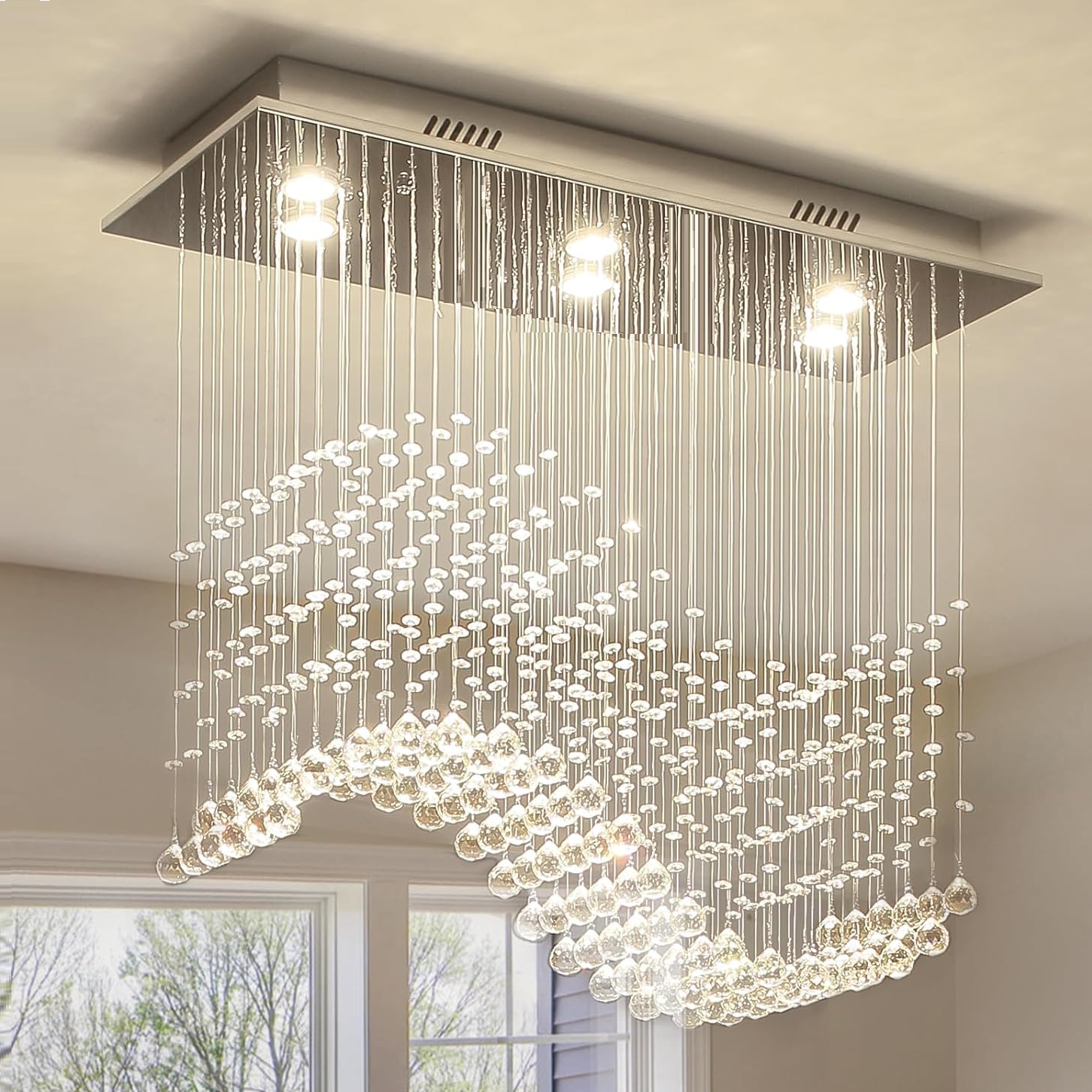Linear Crystal Chandelier for Kitchen Island, 31.5'' Rectangular K9 Crystal Island Chandelier