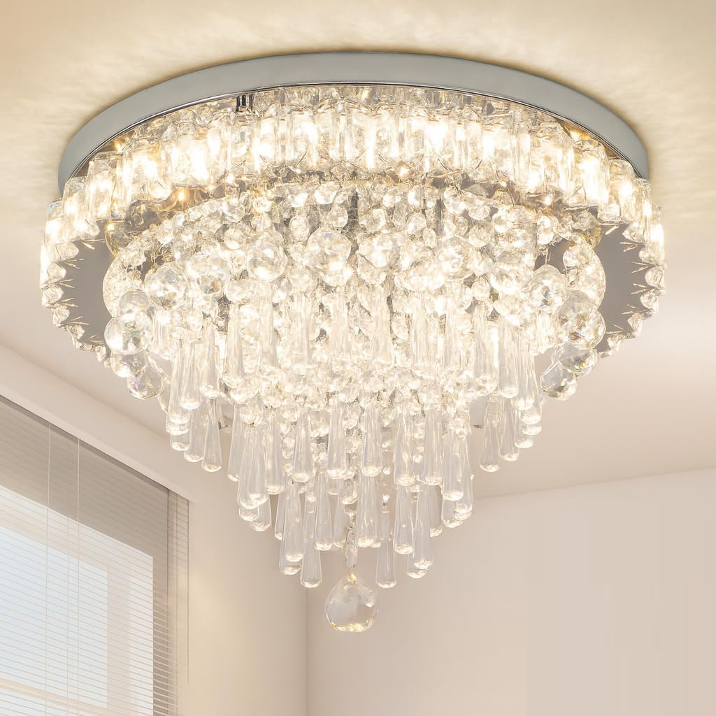 Crystal Chandeliers LED Crystal Ceiling Light Fixture with Remote Large Flush Mount Chandelier Ceiling Light