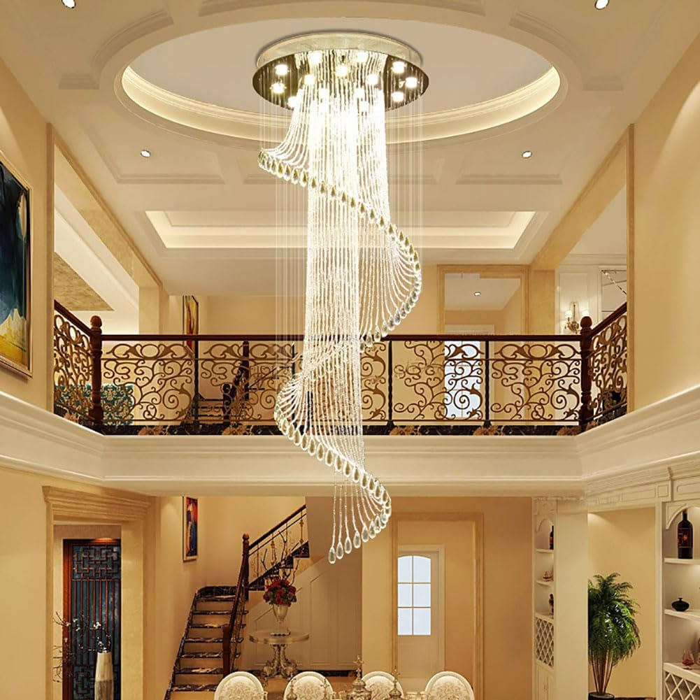 Modern Spiral Crystal Chandelier for High Ceilings - Stainless Steel Base K9 Raindrop Pendant Light Fixture