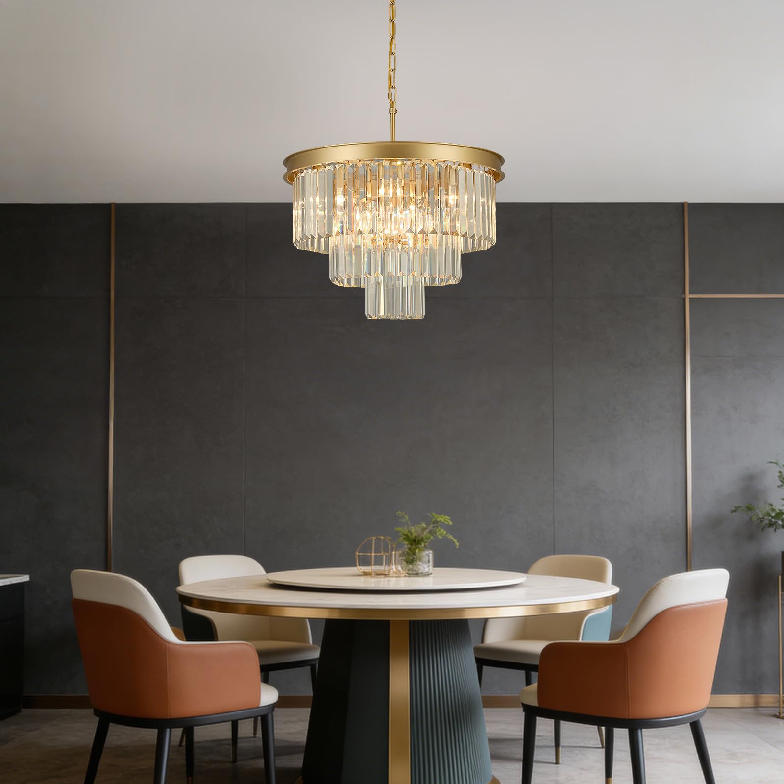 Luxury Crystal Gold Raindrop Round Flush Mount Ceiling Pendant Light Fixture Chandeliers for Dining Room Entryway Living Room