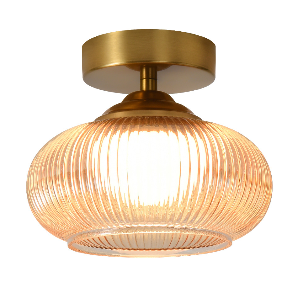 Vintage amber Glass Semi Flush Mount Ceiling Light with Gold Accents