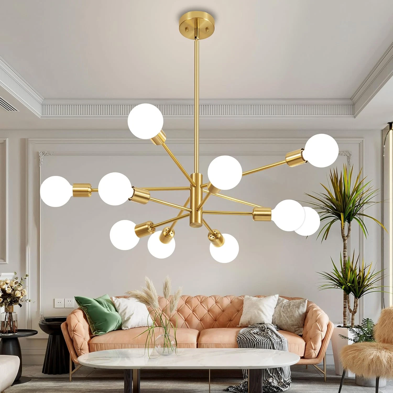 Modern Gold Sputnik Chandelier 10-Light Ceiling Fixture for Home Decor
