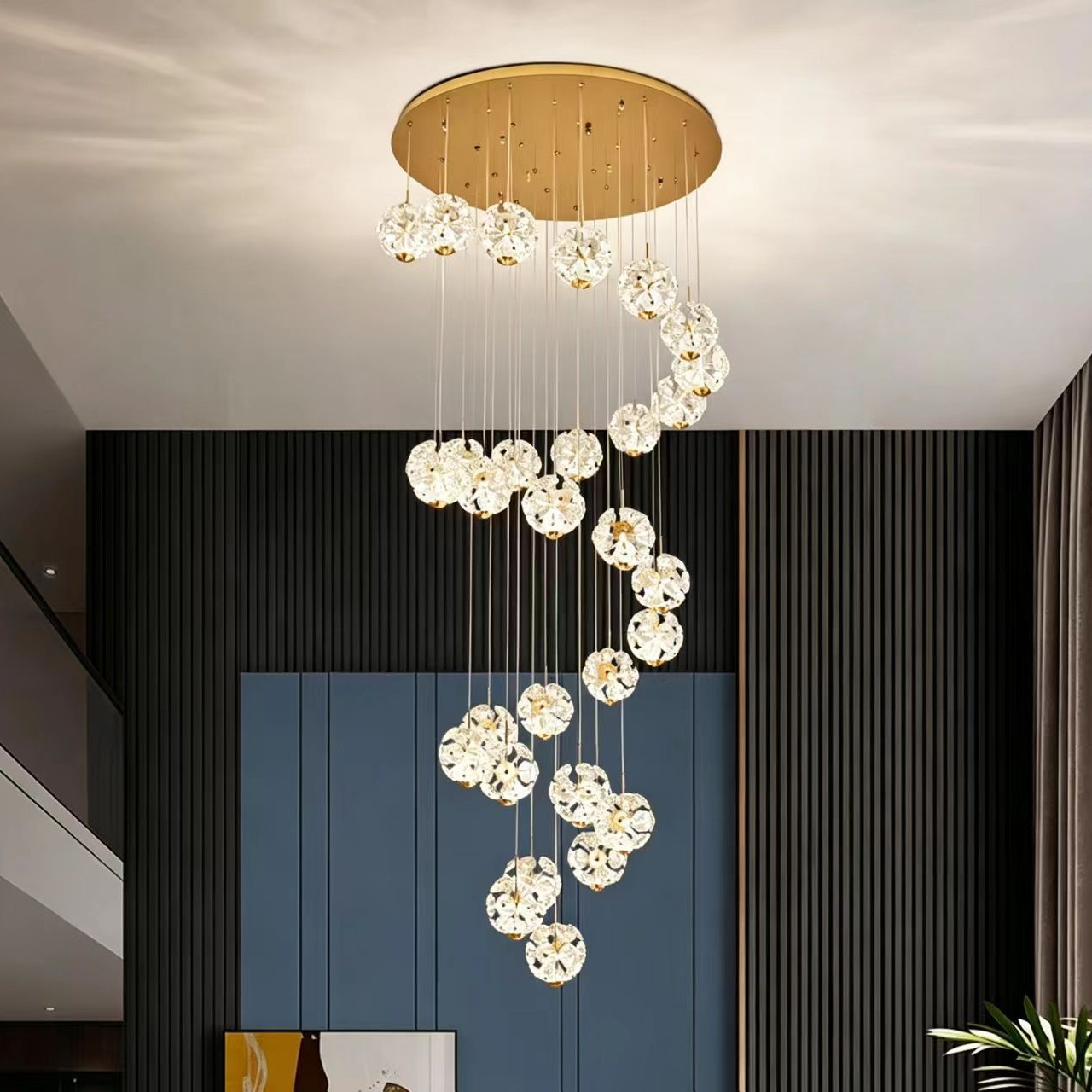 30-head Gold Duplex Staircase Hollow Rotating Chandelier for Villa Living Room
