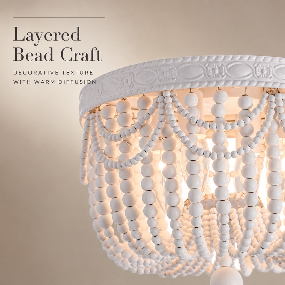 Coastal Beach House Style 32cm Wood Beads Semi-recessed Modern Rustic Foyer Corridor Fixture Lamp Wooden Bead Ceiling Light