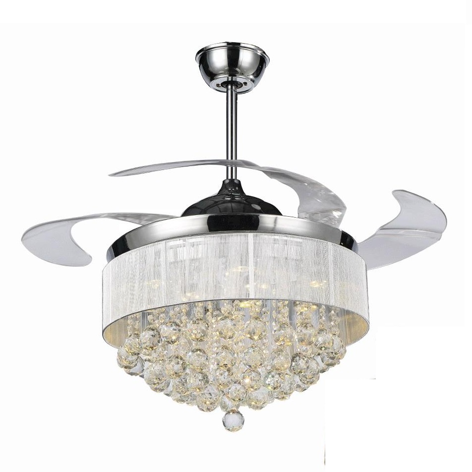 42" K9 Crystal Invisible LED Chandelier Ceiling Fan Light with Remote Control and White Lamp Shade