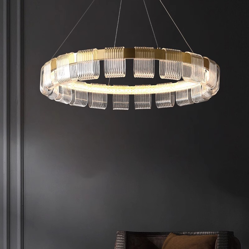 Nordic Minimalist Luxury Decoration Cafe Restaurant Hotel House Light Iron Aluminum Led Ring Acrylic Glass Crystal Chandelier